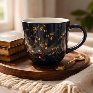 DAVIDsTEA Navy & Gold Holly Berry Mistletoe Holiday Mug
